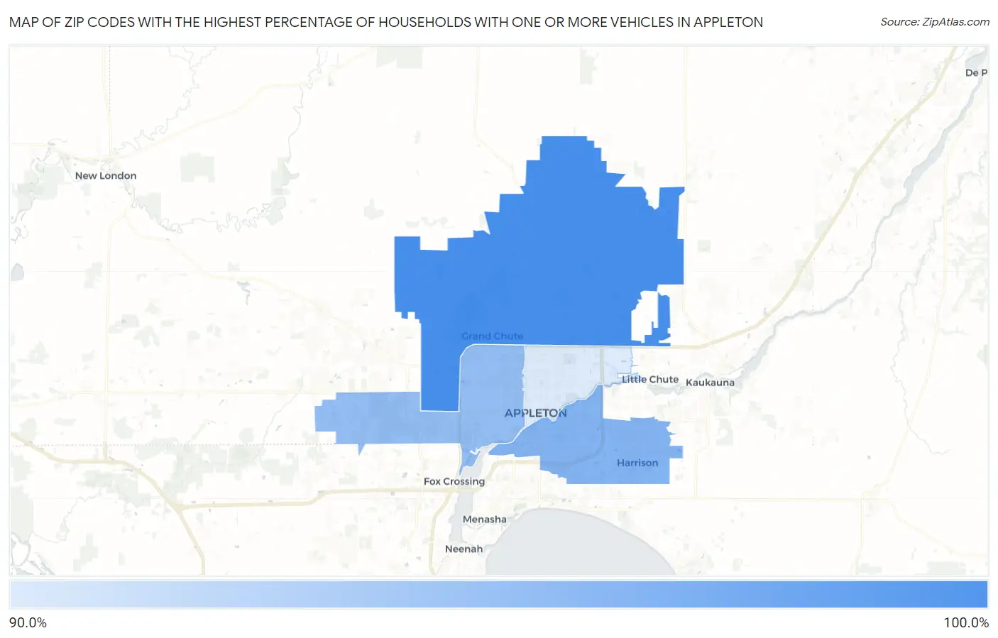 Zip Codes with the Highest Percentage of Households With One or more Vehicles in Appleton Map