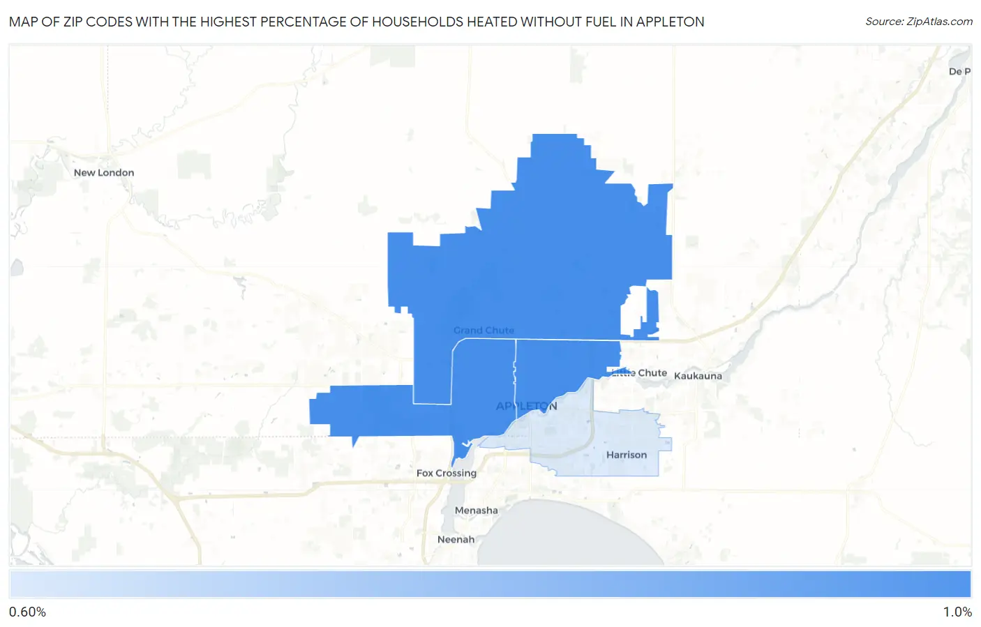 Zip Codes with the Highest Percentage of Households Heated without Fuel in Appleton Map