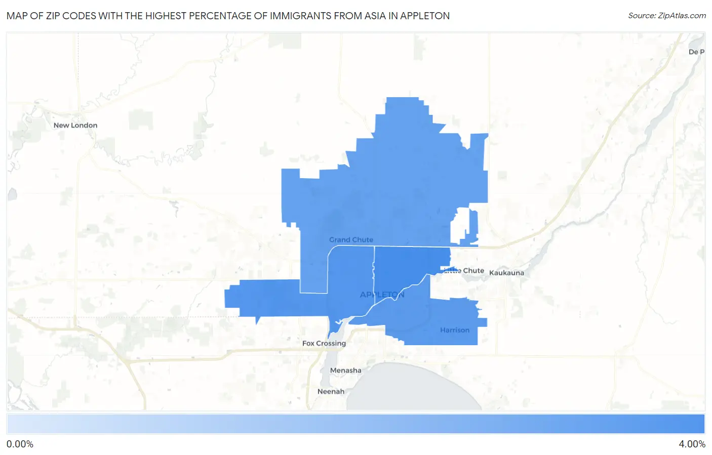 Zip Codes with the Highest Percentage of Immigrants from Asia in Appleton Map