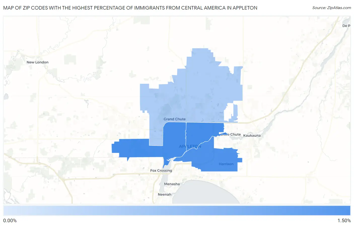 Zip Codes with the Highest Percentage of Immigrants from Central America in Appleton Map