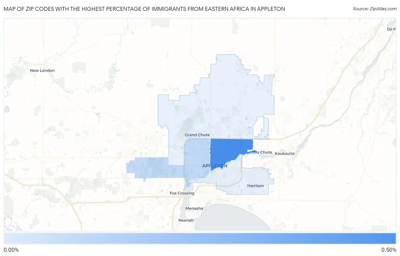 Zip Codes with the Highest Percentage of Immigrants from Eastern Africa in Appleton Map