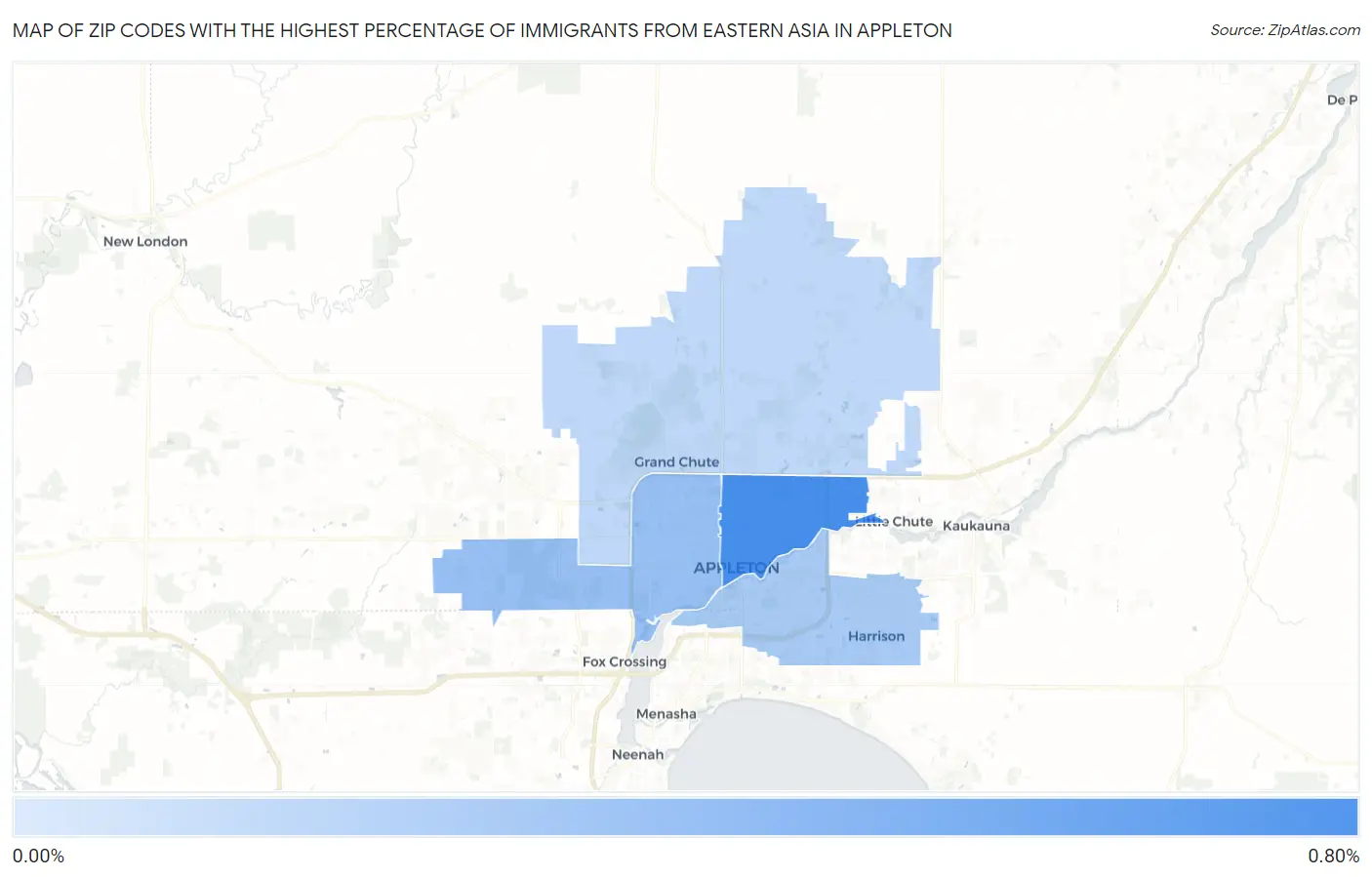 Zip Codes with the Highest Percentage of Immigrants from Eastern Asia in Appleton Map