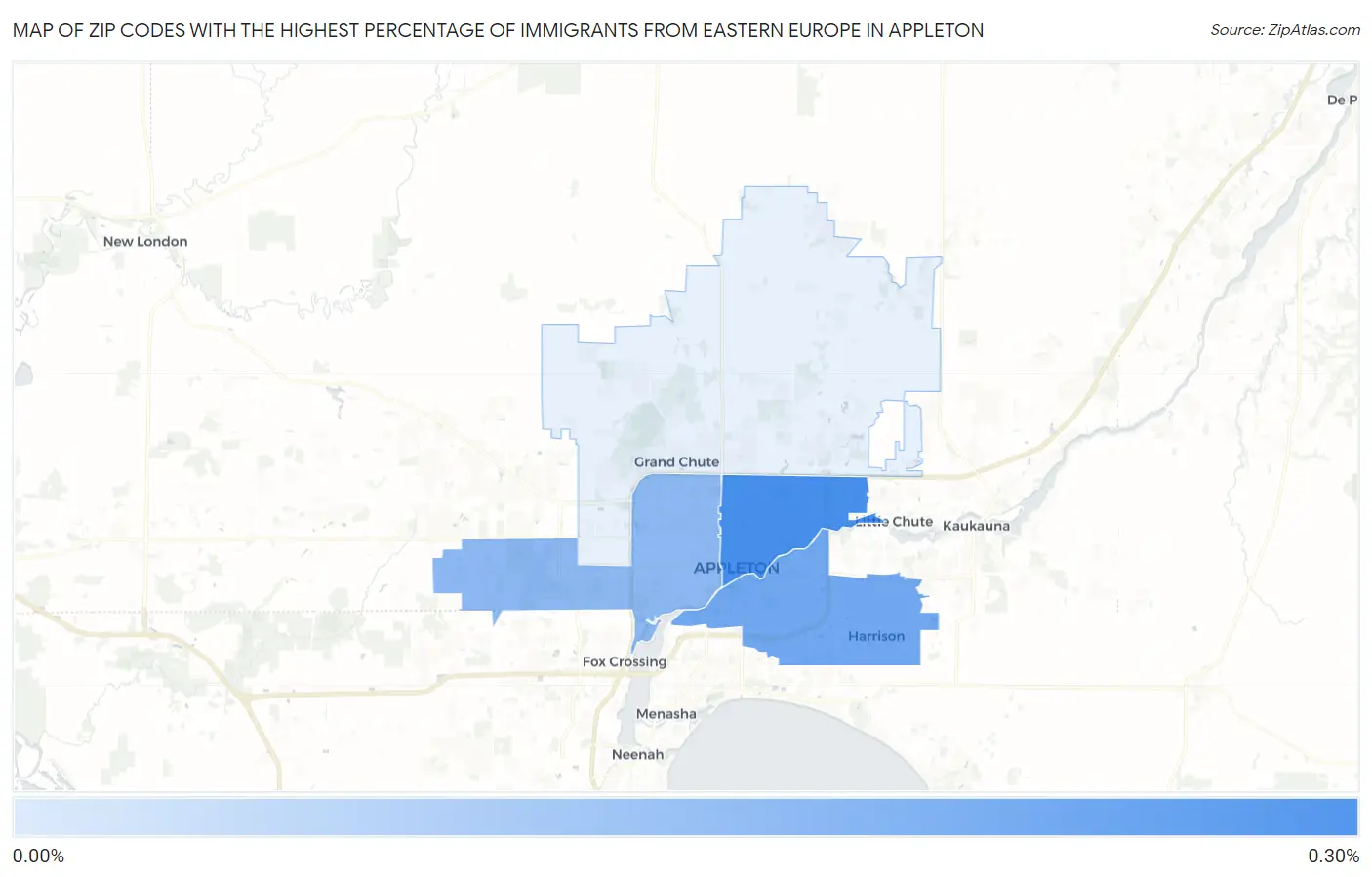 Zip Codes with the Highest Percentage of Immigrants from Eastern Europe in Appleton Map
