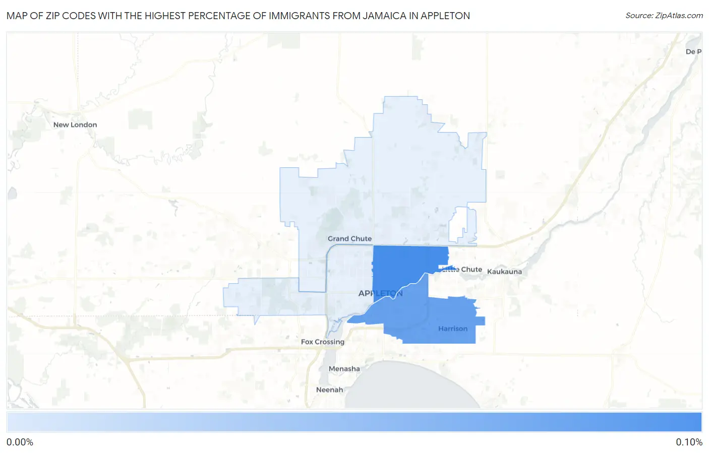 Zip Codes with the Highest Percentage of Immigrants from Jamaica in Appleton Map