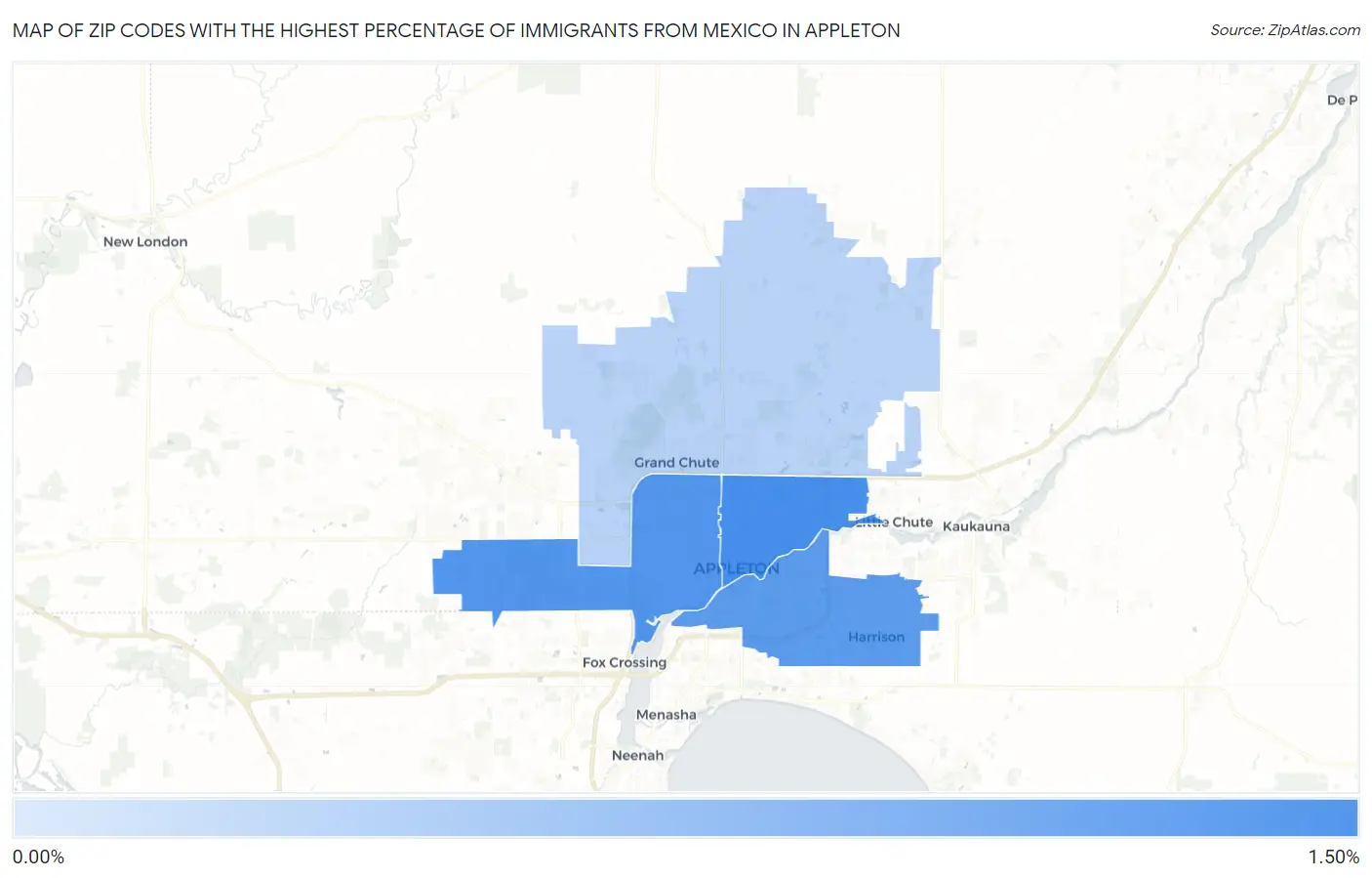 Zip Codes with the Highest Percentage of Immigrants from Mexico in Appleton Map