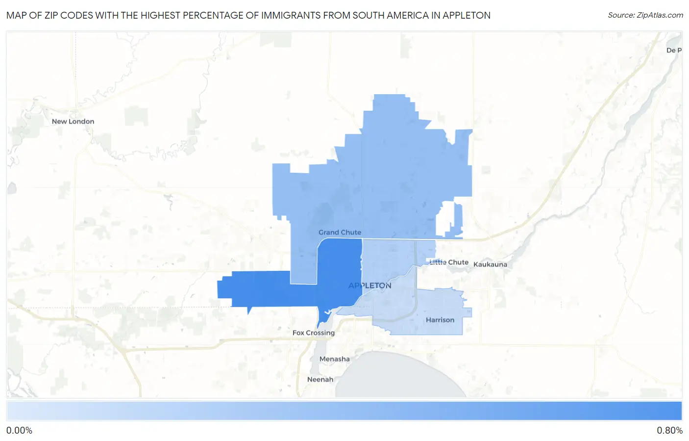 Zip Codes with the Highest Percentage of Immigrants from South America in Appleton Map