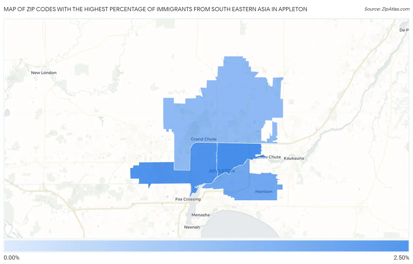 Zip Codes with the Highest Percentage of Immigrants from South Eastern Asia in Appleton Map