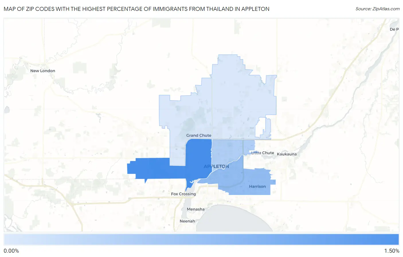 Zip Codes with the Highest Percentage of Immigrants from Thailand in Appleton Map