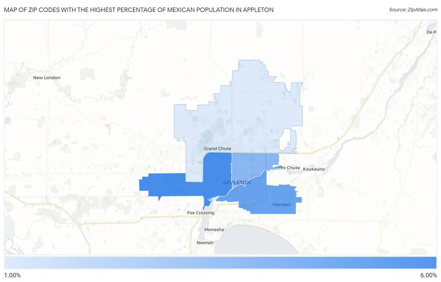Zip Codes with the Highest Percentage of Mexican Population in Appleton Map