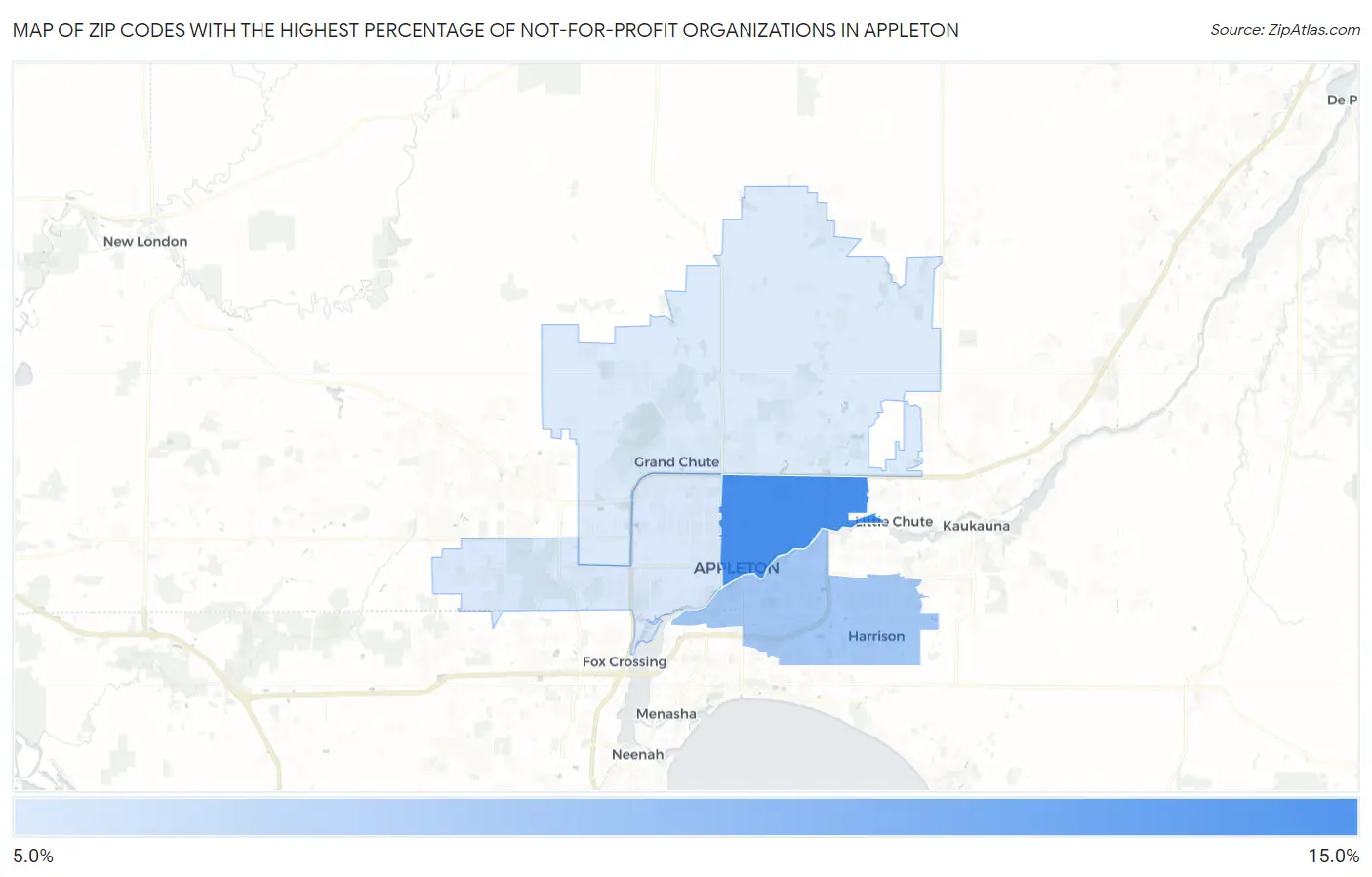 Zip Codes with the Highest Percentage of Not-for-profit Organizations in Appleton Map