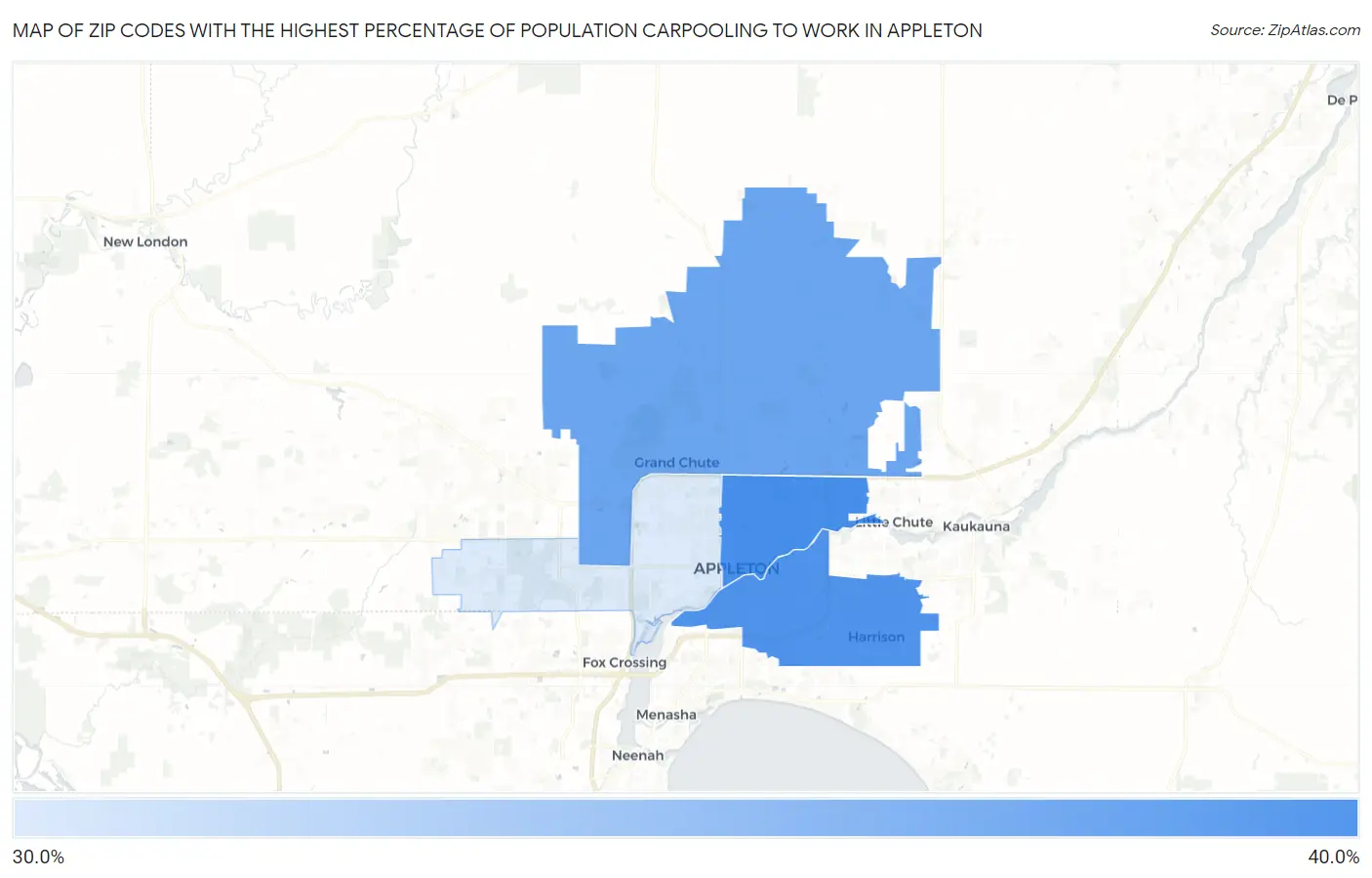 Zip Codes with the Highest Percentage of Population Carpooling to Work in Appleton Map