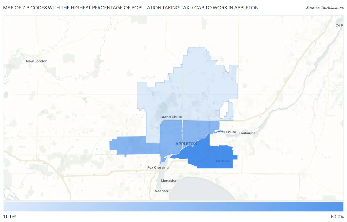 Zip Codes with the Highest Percentage of Population Taking Taxi / Cab to Work in Appleton Map
