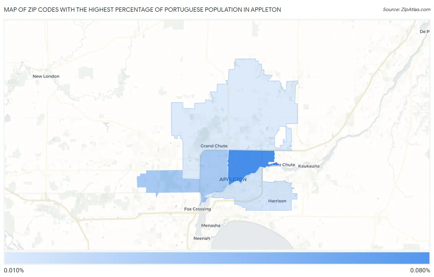Zip Codes with the Highest Percentage of Portuguese Population in Appleton Map