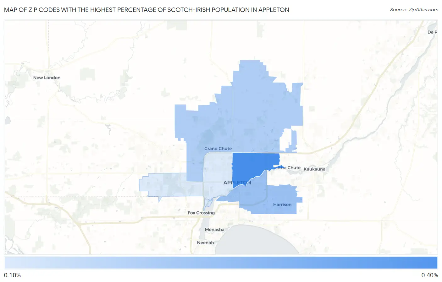 Zip Codes with the Highest Percentage of Scotch-Irish Population in Appleton Map
