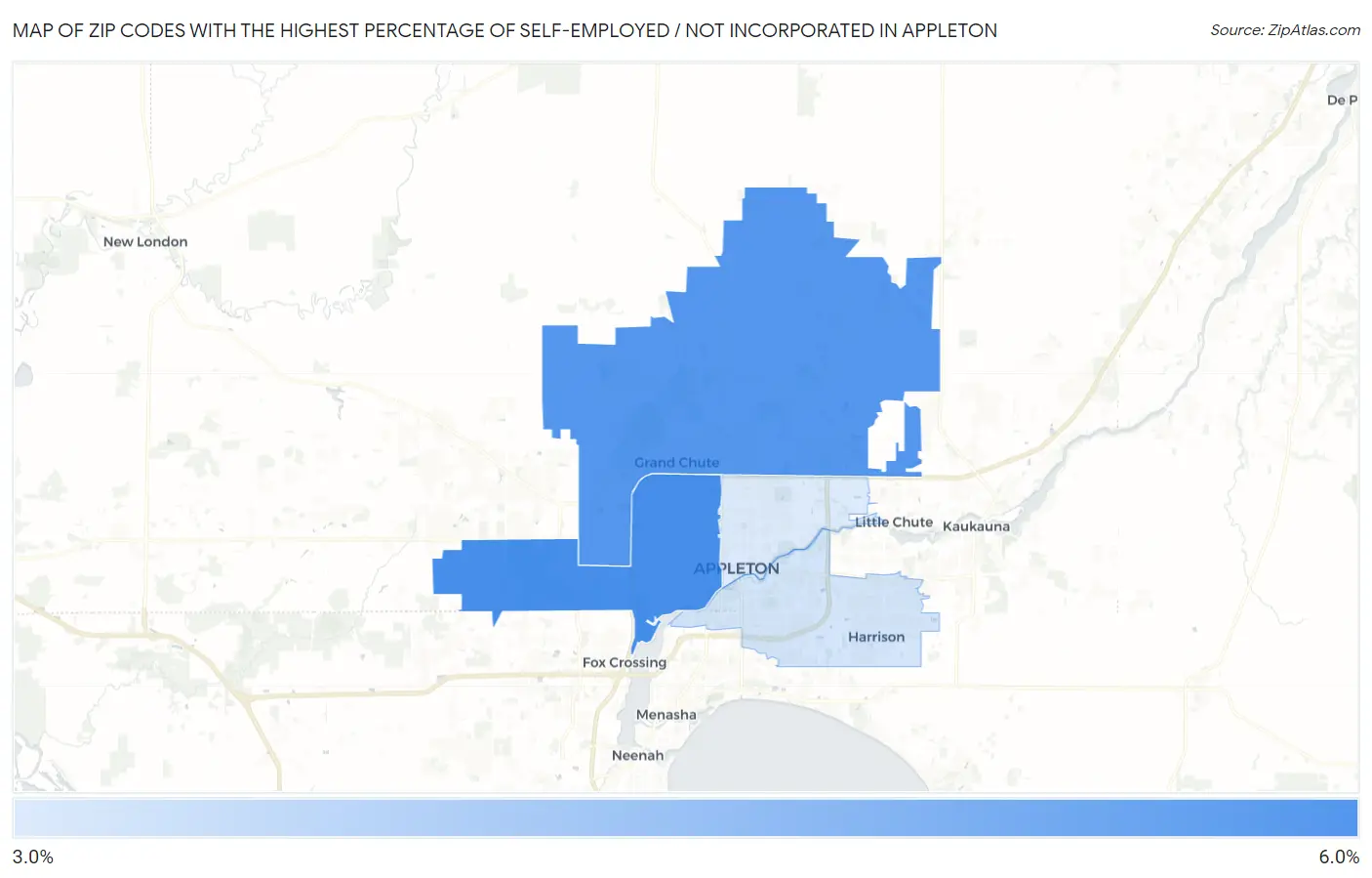 Zip Codes with the Highest Percentage of Self-Employed / Not Incorporated in Appleton Map