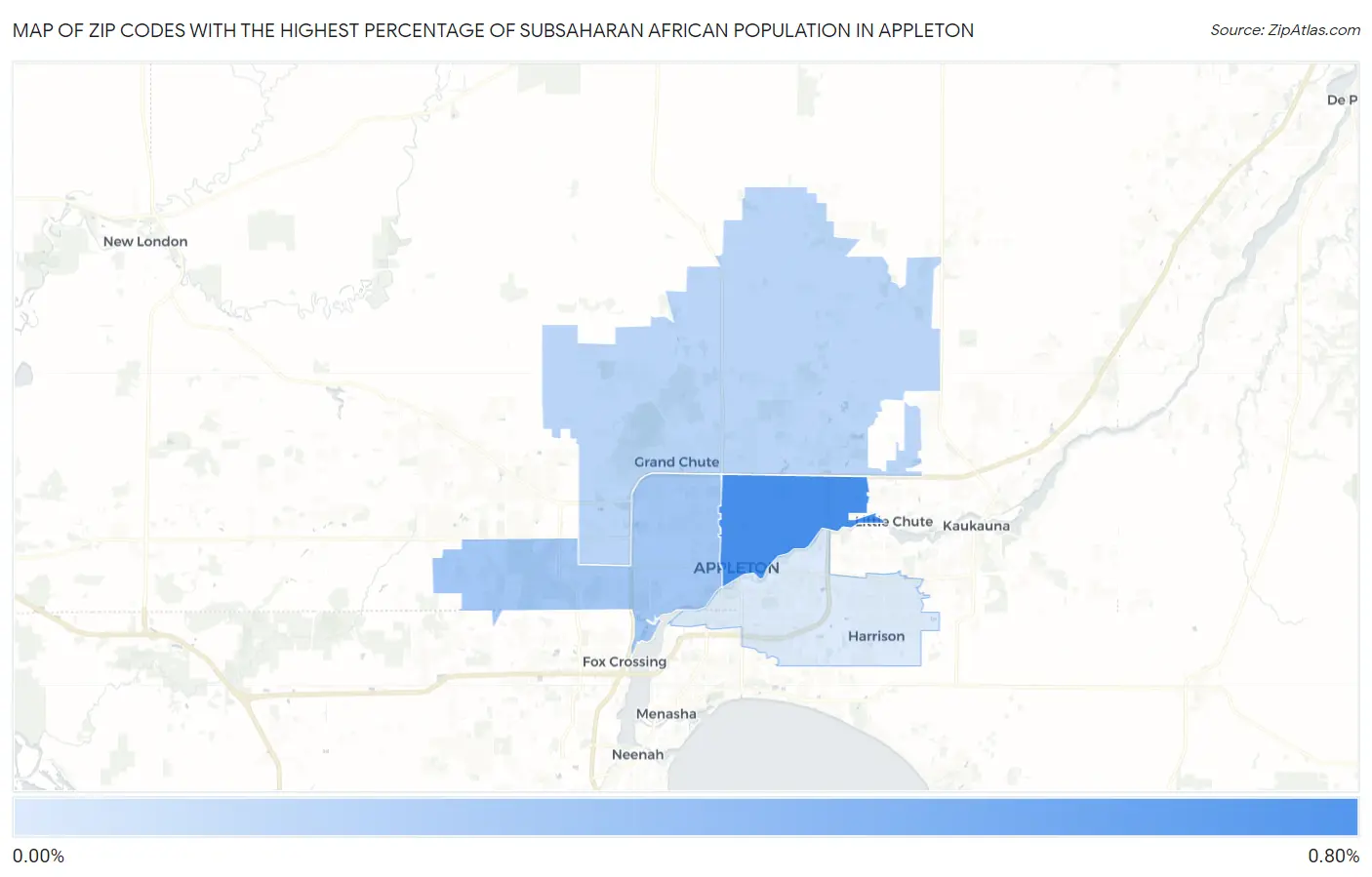 Zip Codes with the Highest Percentage of Subsaharan African Population in Appleton Map
