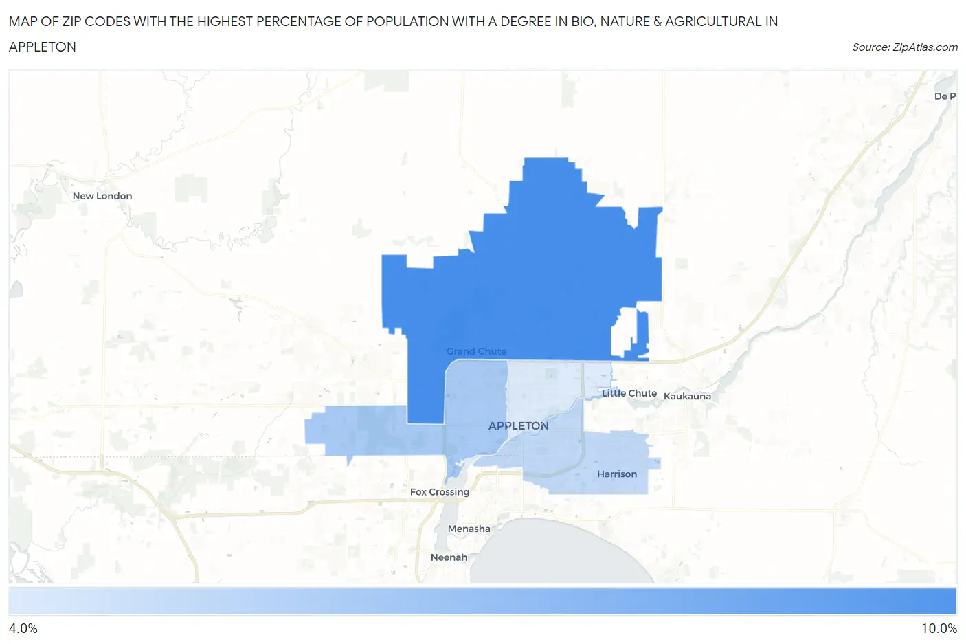 Zip Codes with the Highest Percentage of Population with a Degree in Bio, Nature & Agricultural in Appleton Map