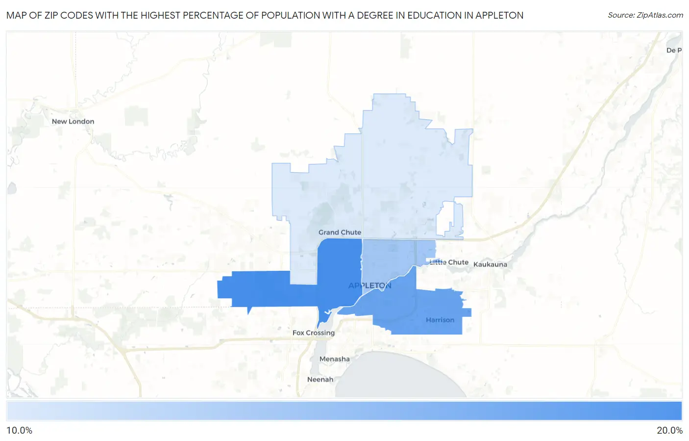 Zip Codes with the Highest Percentage of Population with a Degree in Education in Appleton Map