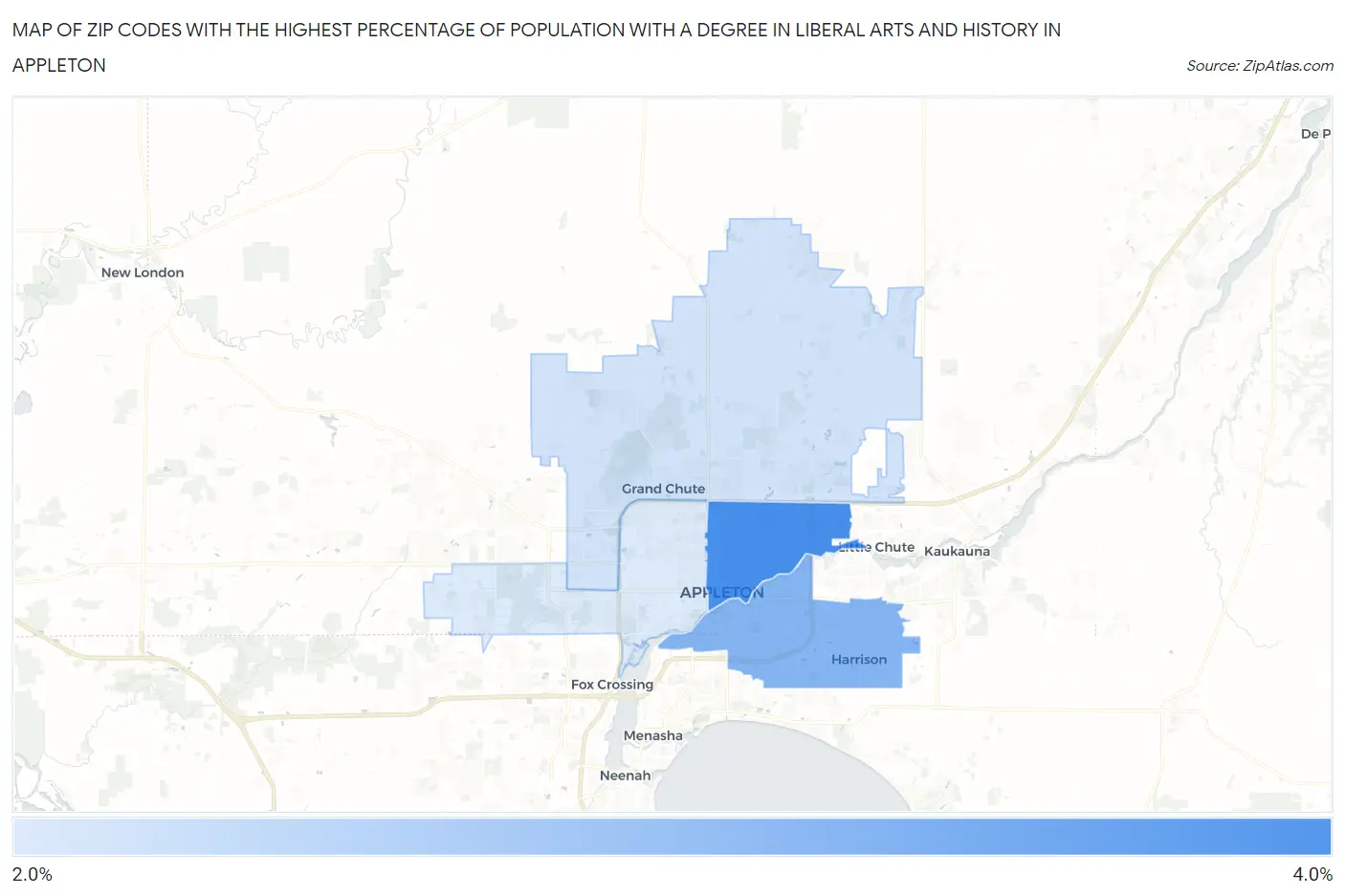 Zip Codes with the Highest Percentage of Population with a Degree in Liberal Arts and History in Appleton Map