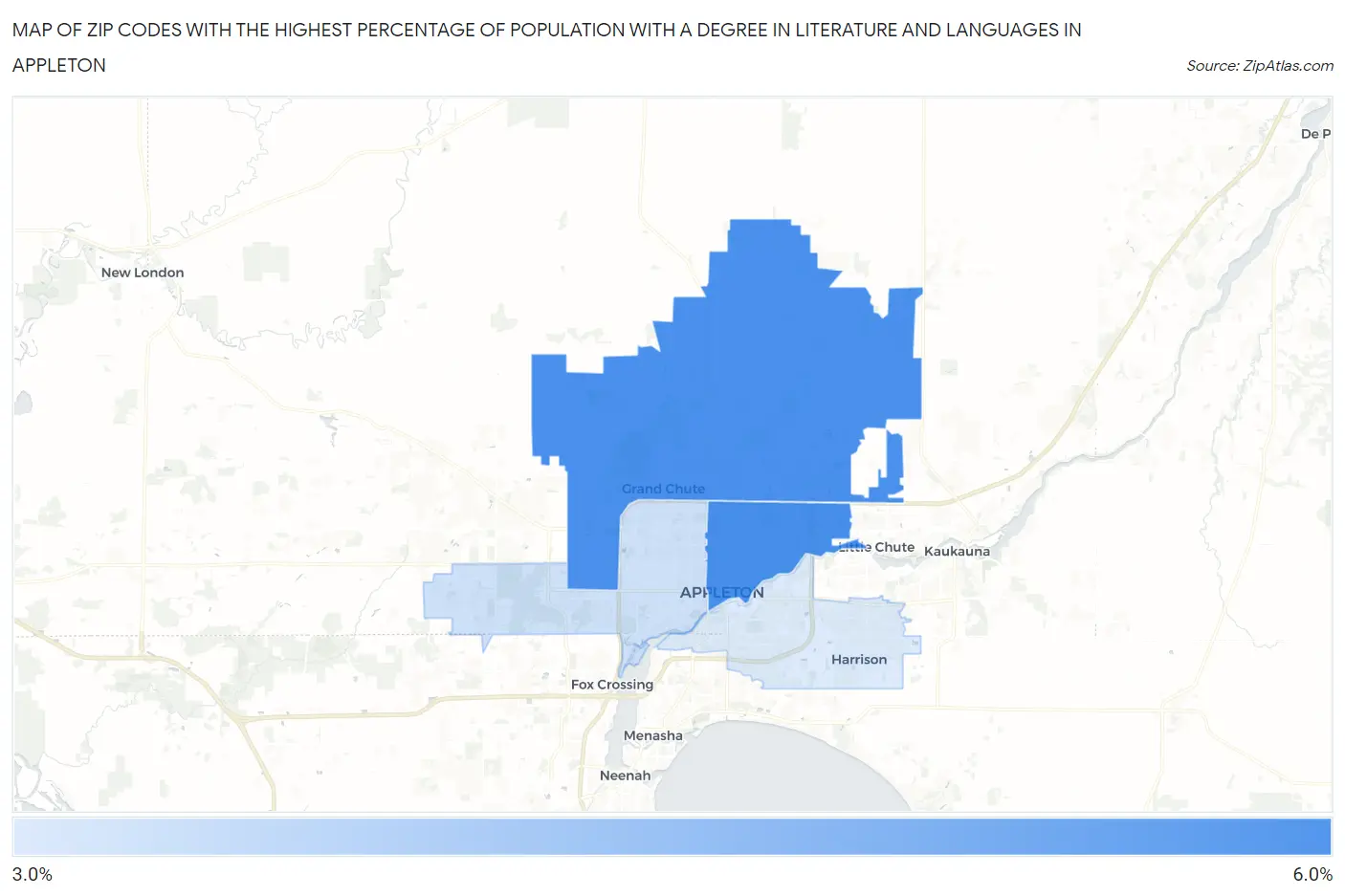 Zip Codes with the Highest Percentage of Population with a Degree in Literature and Languages in Appleton Map