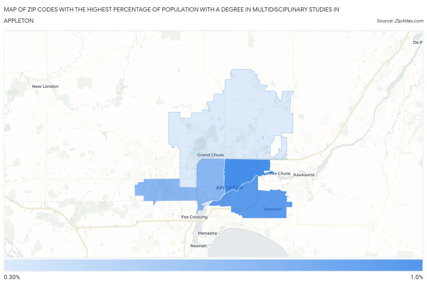 Zip Codes with the Highest Percentage of Population with a Degree in Multidisciplinary Studies in Appleton Map