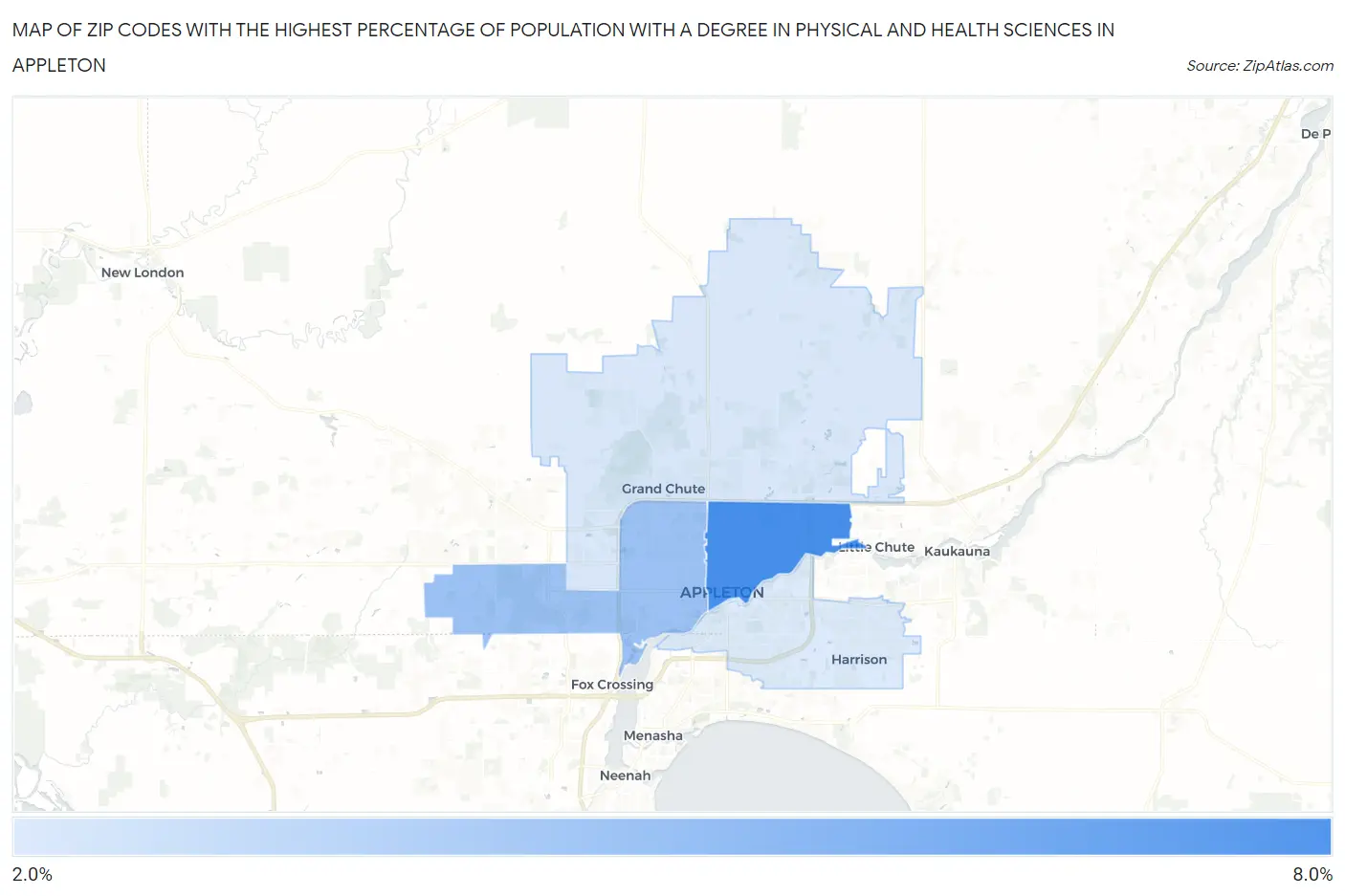 Zip Codes with the Highest Percentage of Population with a Degree in Physical and Health Sciences in Appleton Map