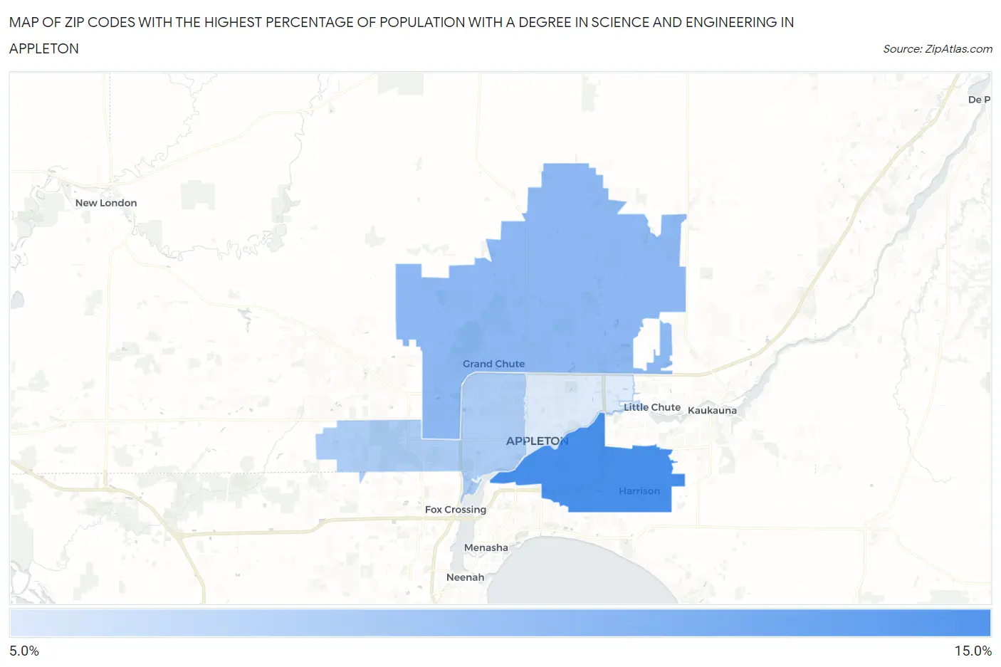 Zip Codes with the Highest Percentage of Population with a Degree in Science and Engineering in Appleton Map