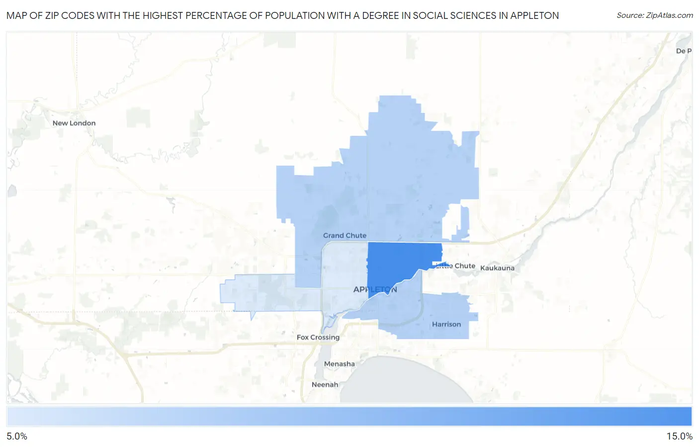 Zip Codes with the Highest Percentage of Population with a Degree in Social Sciences in Appleton Map