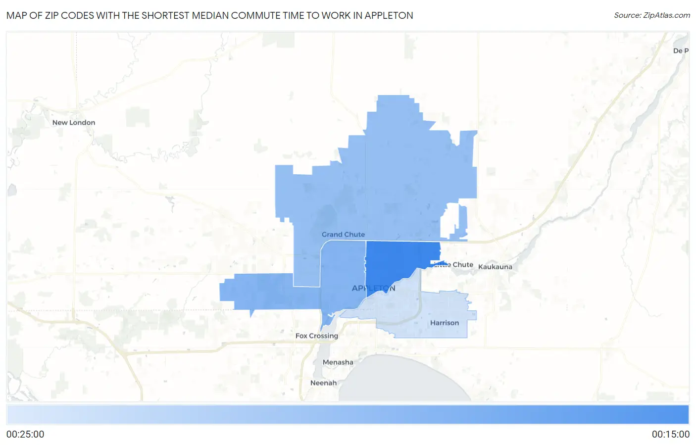 Zip Codes with the Shortest Median Commute Time to Work in Appleton Map