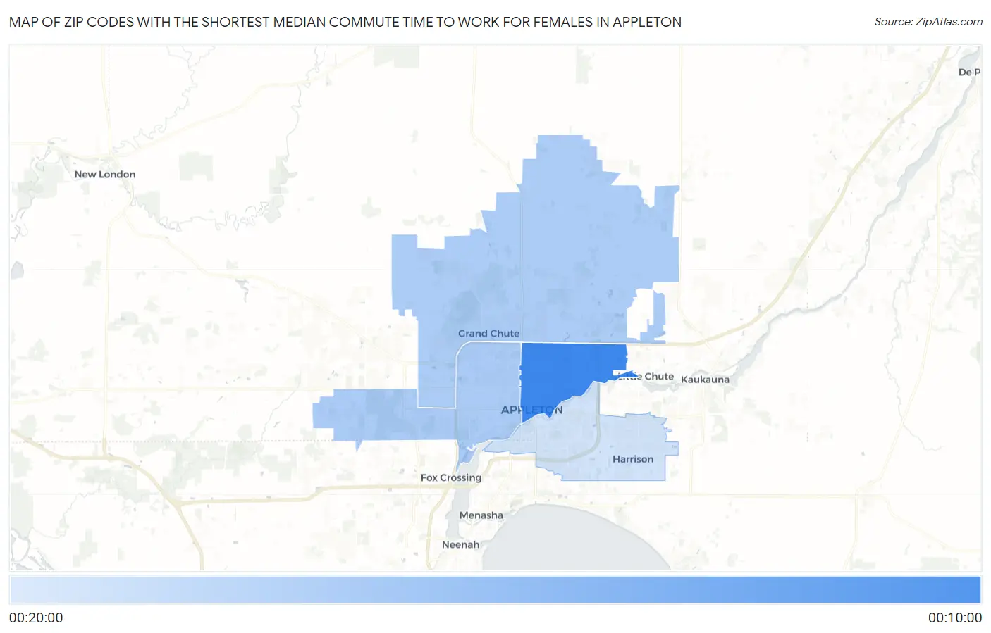 Zip Codes with the Shortest Median Commute Time to Work for Females in Appleton Map