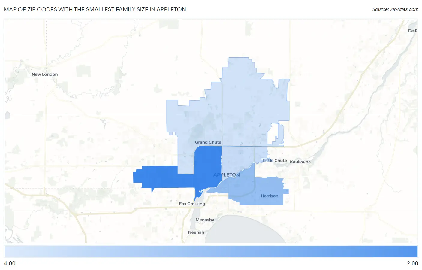 Zip Codes with the Smallest Family Size in Appleton Map