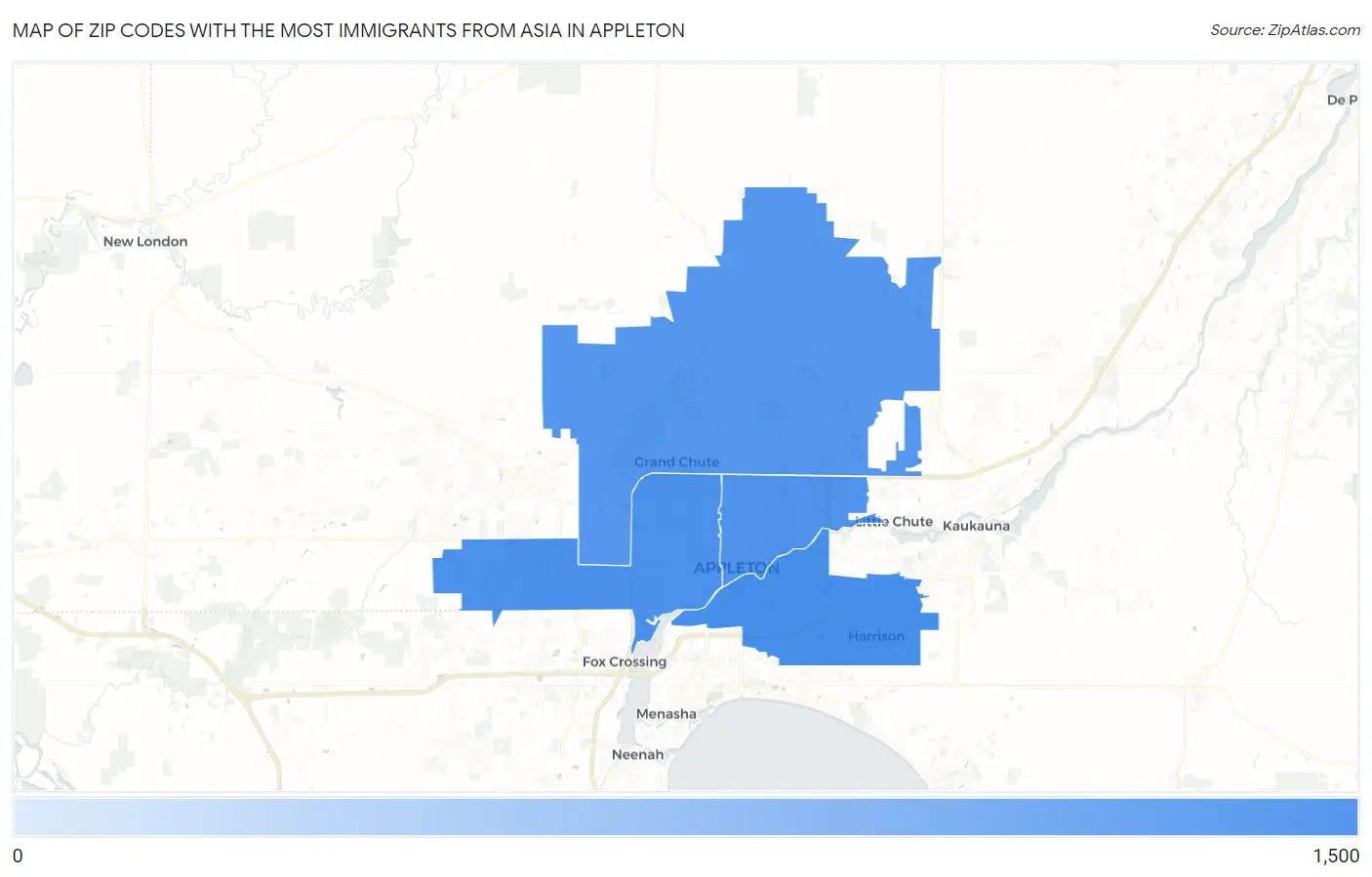 Zip Codes with the Most Immigrants from Asia in Appleton Map