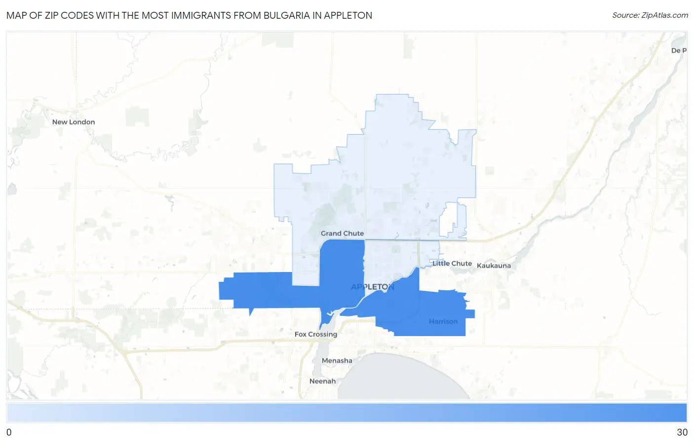 Zip Codes with the Most Immigrants from Bulgaria in Appleton Map