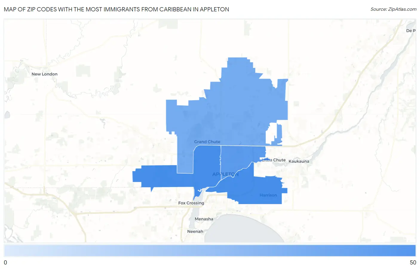 Zip Codes with the Most Immigrants from Caribbean in Appleton Map