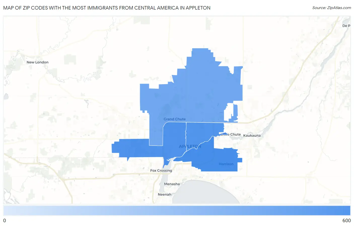 Zip Codes with the Most Immigrants from Central America in Appleton Map
