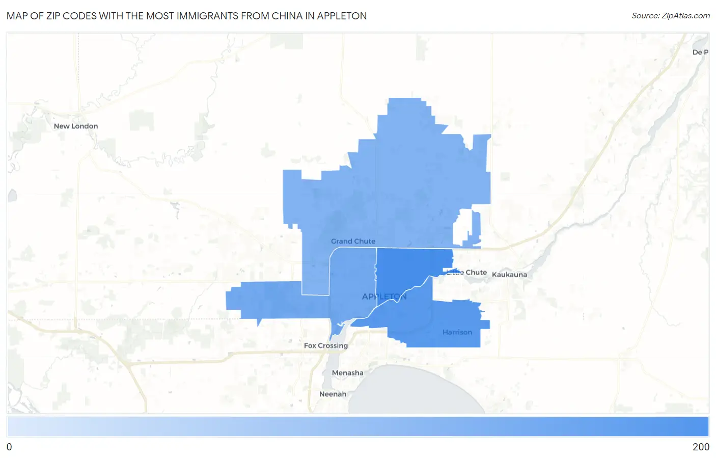 Zip Codes with the Most Immigrants from China in Appleton Map
