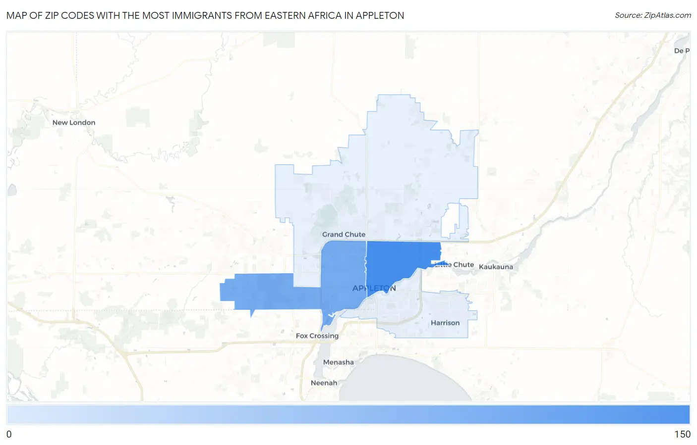 Zip Codes with the Most Immigrants from Eastern Africa in Appleton Map