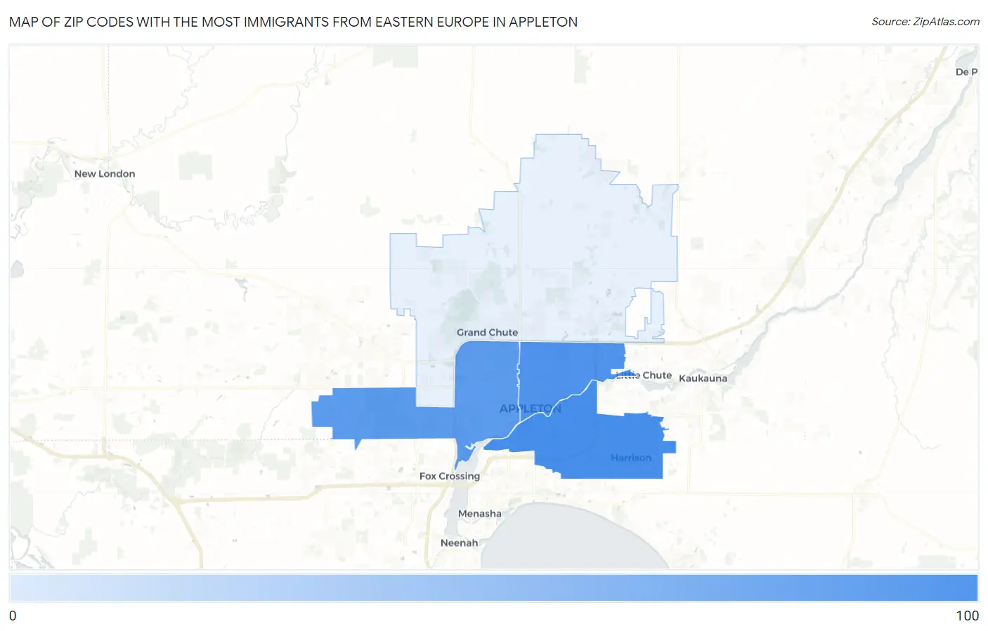 Zip Codes with the Most Immigrants from Eastern Europe in Appleton Map