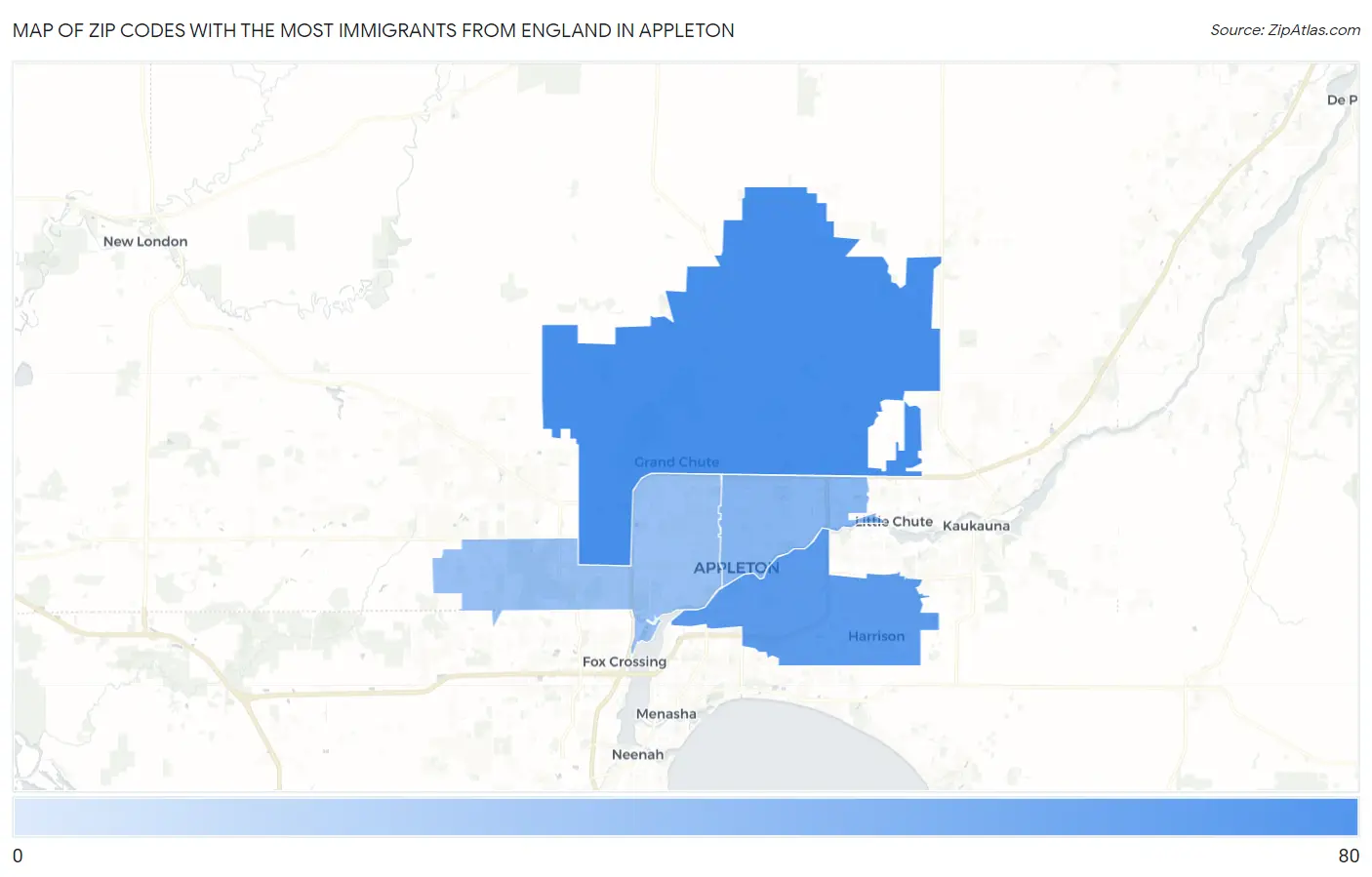 Zip Codes with the Most Immigrants from England in Appleton Map
