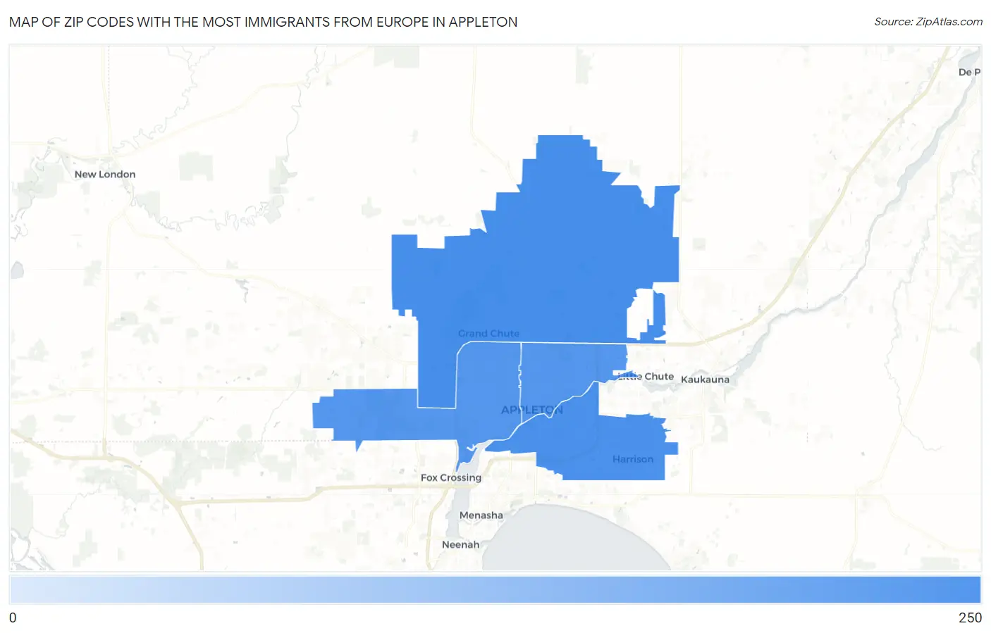 Zip Codes with the Most Immigrants from Europe in Appleton Map