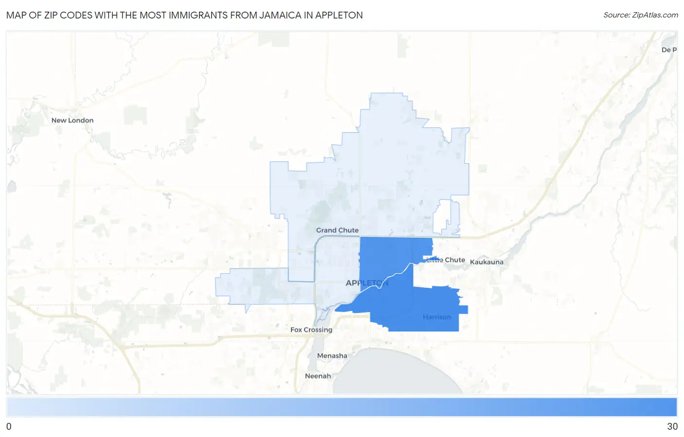 Zip Codes with the Most Immigrants from Jamaica in Appleton Map