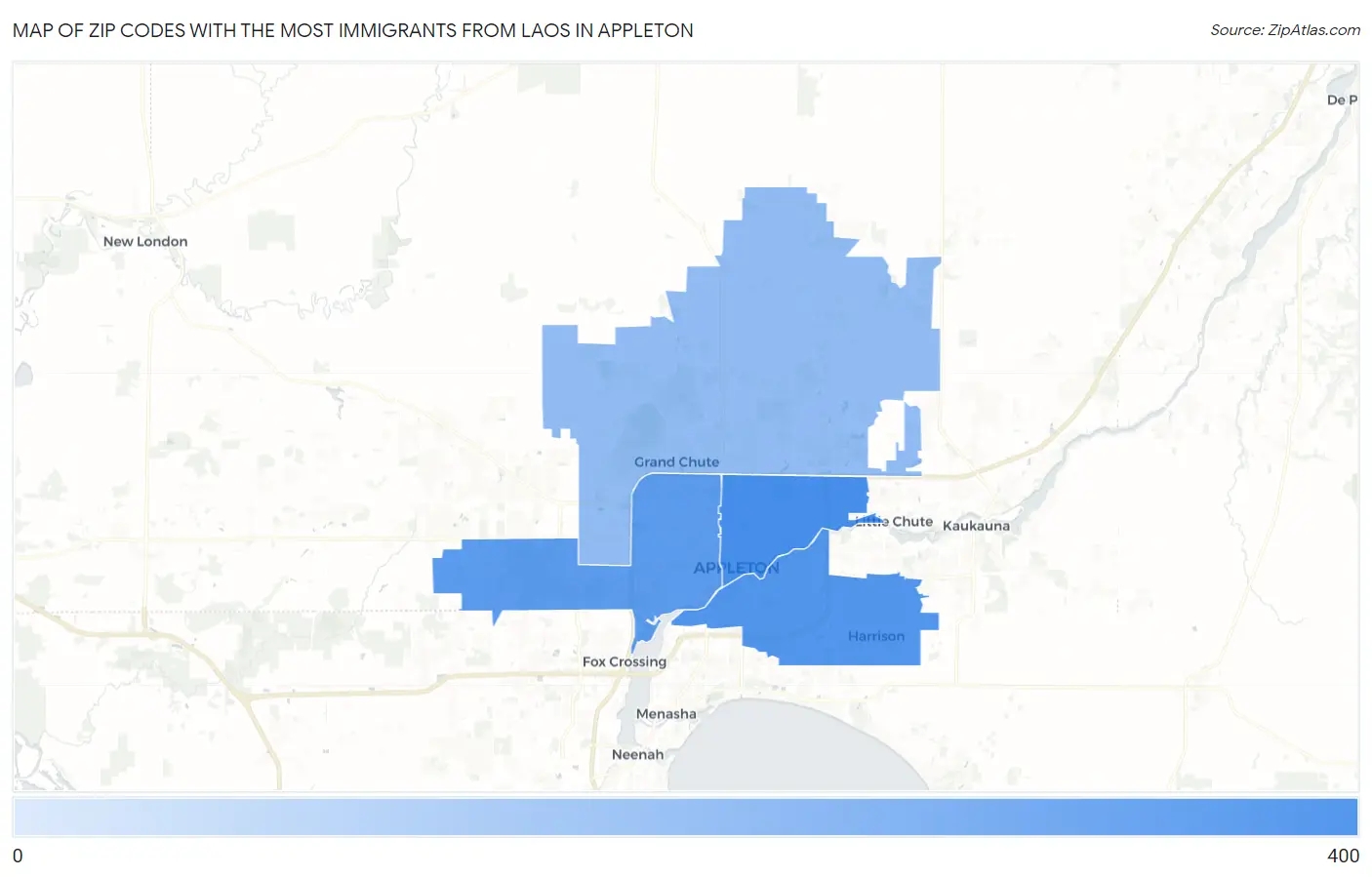 Zip Codes with the Most Immigrants from Laos in Appleton Map