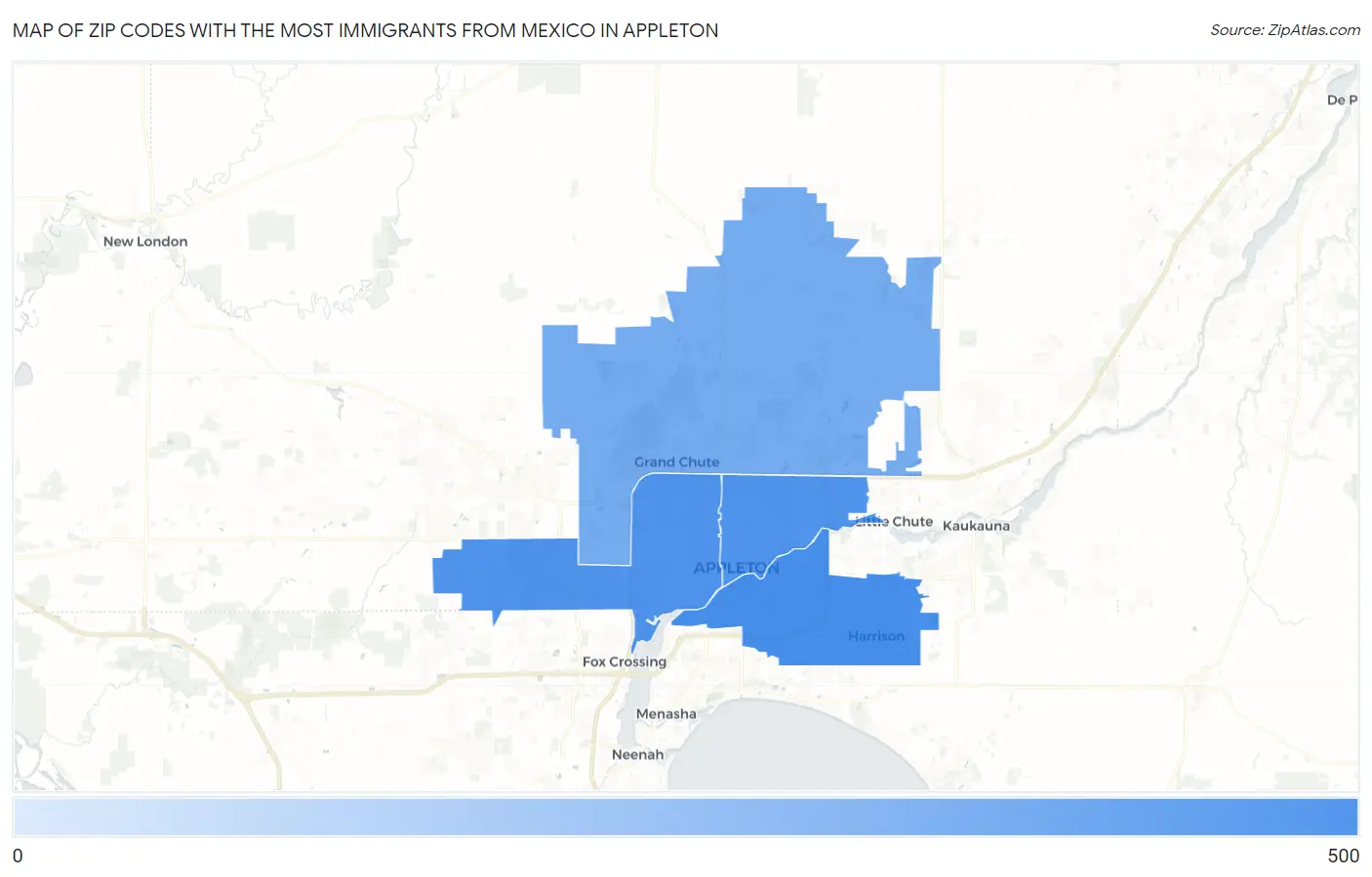Zip Codes with the Most Immigrants from Mexico in Appleton Map