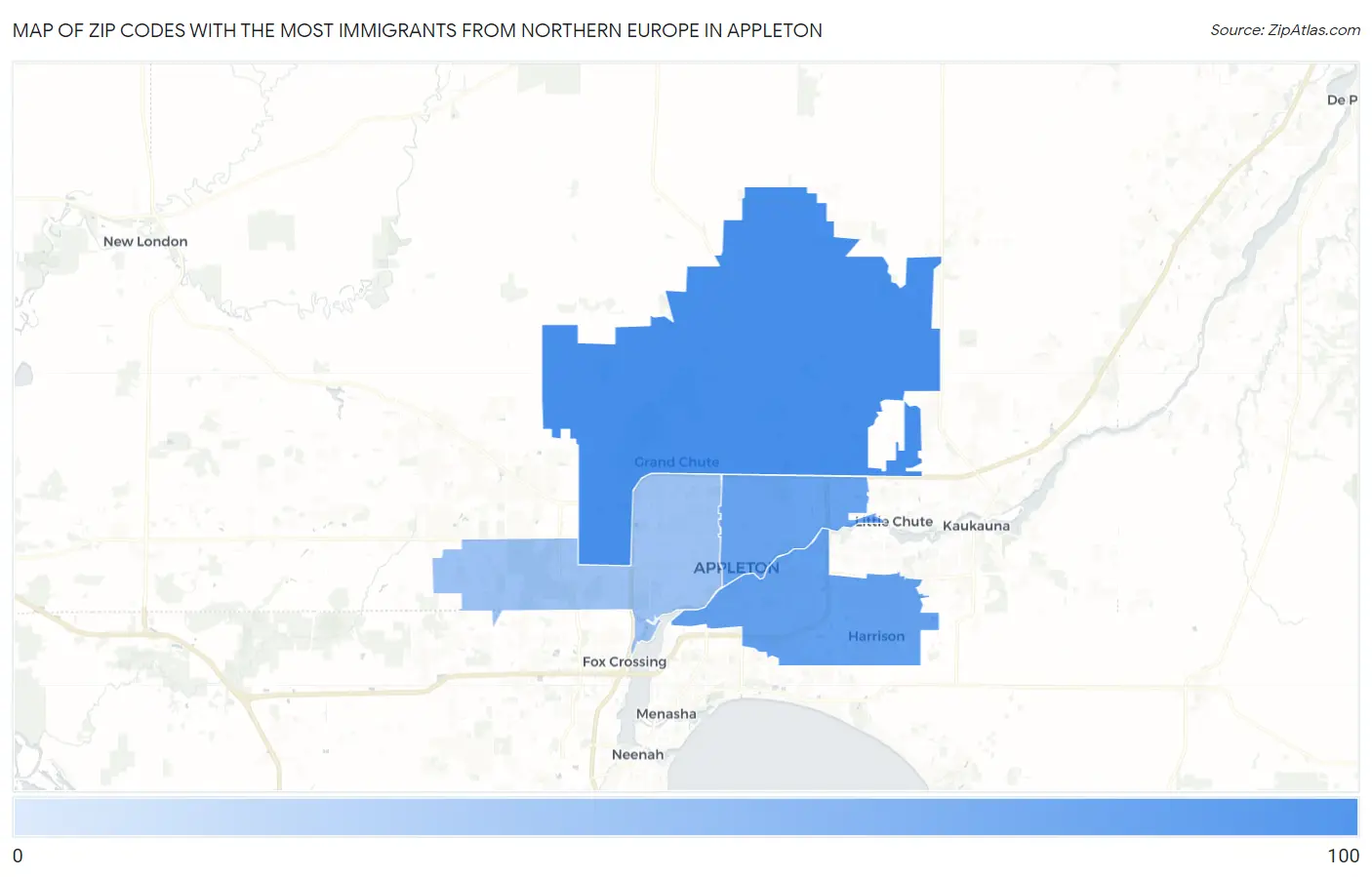 Zip Codes with the Most Immigrants from Northern Europe in Appleton Map