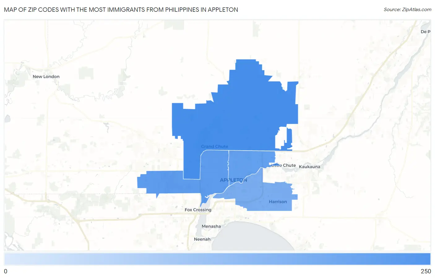 Zip Codes with the Most Immigrants from Philippines in Appleton Map