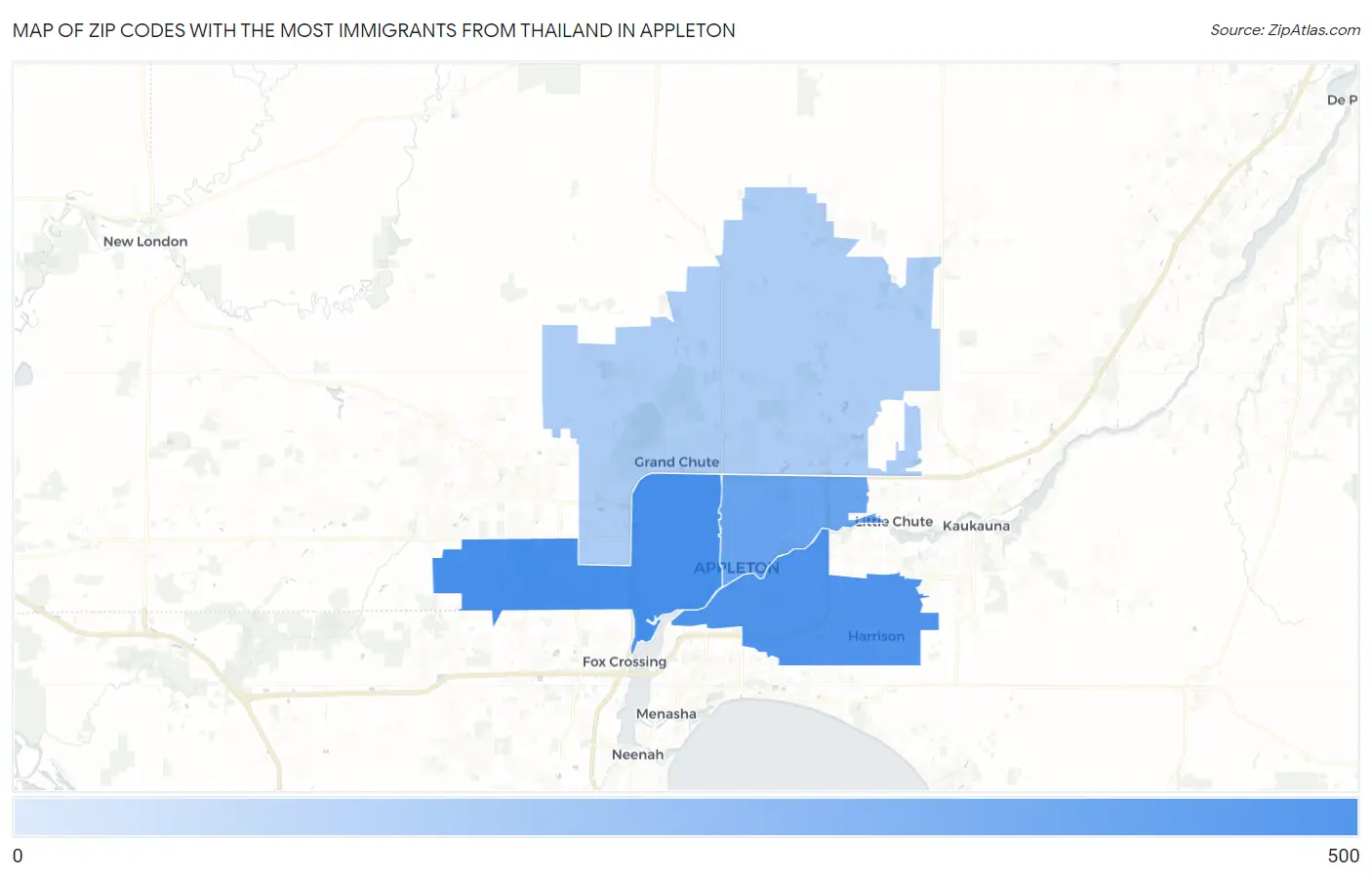 Zip Codes with the Most Immigrants from Thailand in Appleton Map