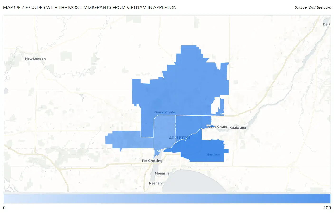 Zip Codes with the Most Immigrants from Vietnam in Appleton Map