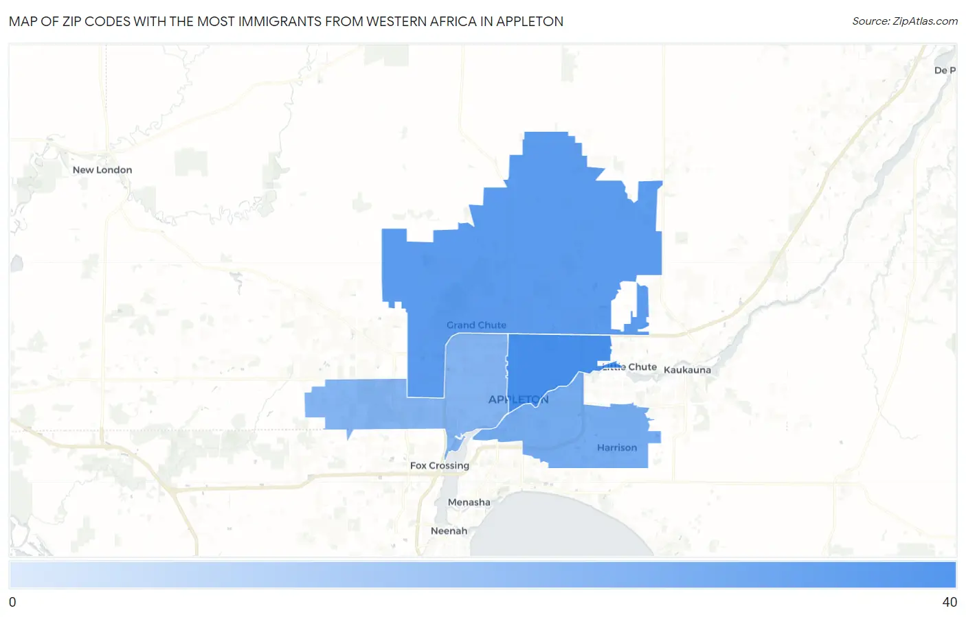 Zip Codes with the Most Immigrants from Western Africa in Appleton Map