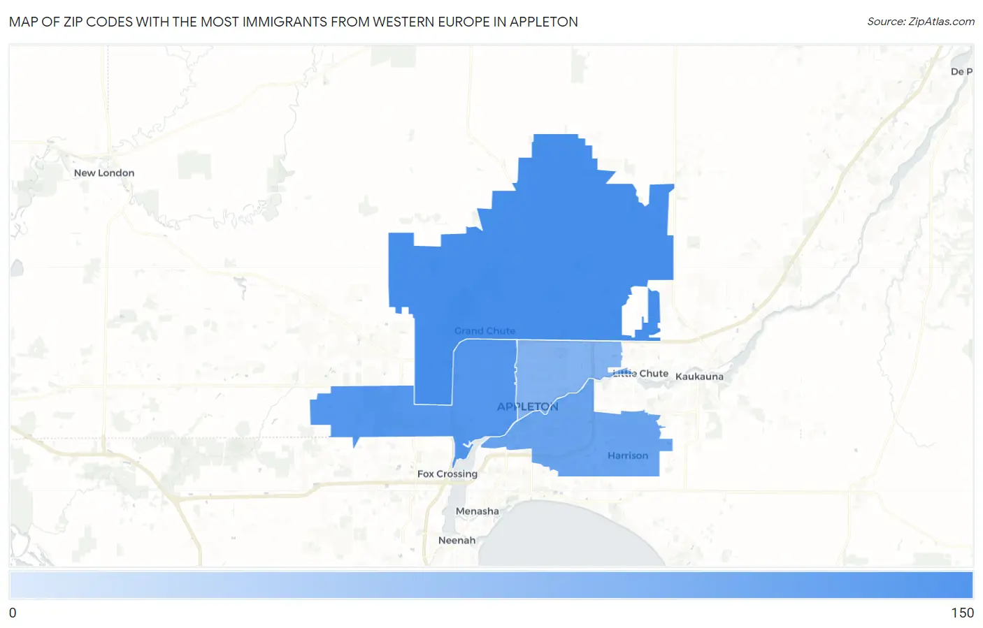 Zip Codes with the Most Immigrants from Western Europe in Appleton Map