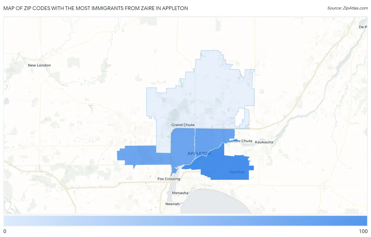 Zip Codes with the Most Immigrants from Zaire in Appleton Map
